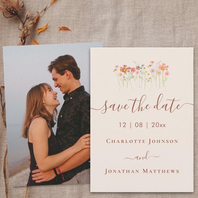 Reserva La Fecha Elegant Boho Wildflower Meadow Photo Wedding (Elegant boho Wildflower meadow beige terracotta photo Wedding save the date card)
