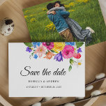 Reserva La Fecha Elegant Bold Colorful Watercolor Floral wedding<br><div class="desc">Announce your special day with this Stylish colorful bright wildflowers wedding photo save the date, a joyful blend of bold florals and your favorite engagement picture. Vibrant watercolor wildflowers in lively shades of pink, orange, yellow, and blue frame your custom photo, creating a fresh garden inspired design that feels modern,...</div>