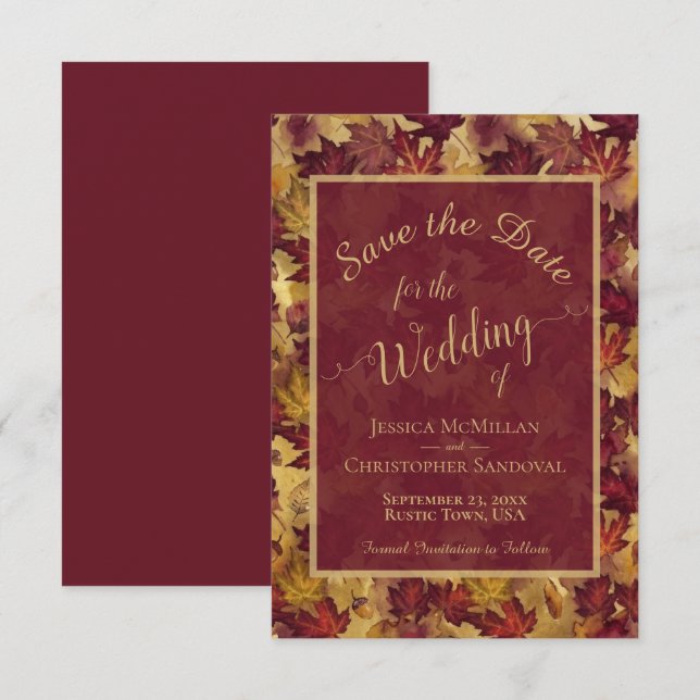Reserva La Fecha Elegant Calligraphy Burgundy & Gold Leaves Wedding (Anverso / Reverso)