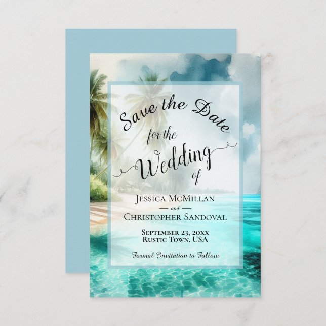 Reserva La Fecha Elegant Calligraphy Tropical Beach Wedding (Anverso / Reverso)