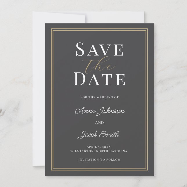 Reserva La Fecha Elegant Charcoal Gray Gold Double Border Wedding  (Anverso)