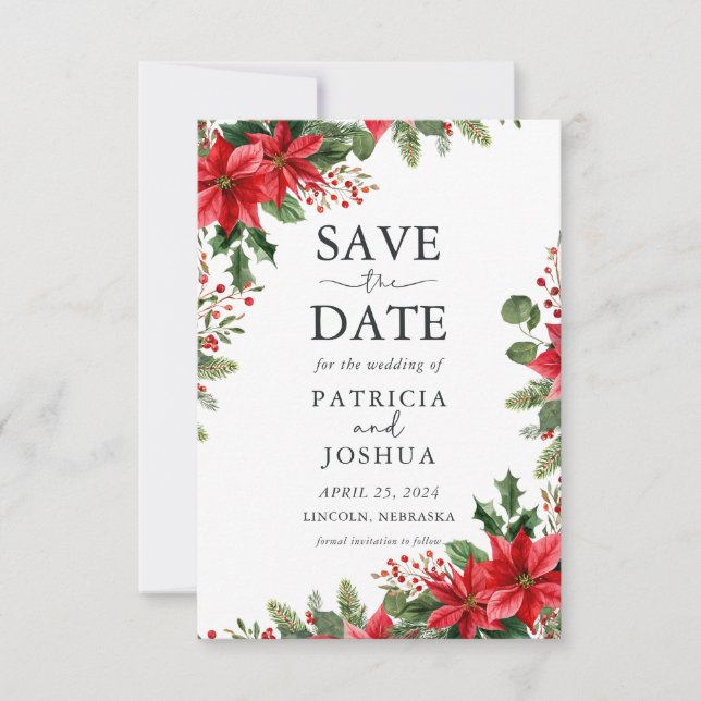 Reserva La Fecha Elegant Christmas Save the Date with Poinsettias (Anverso)