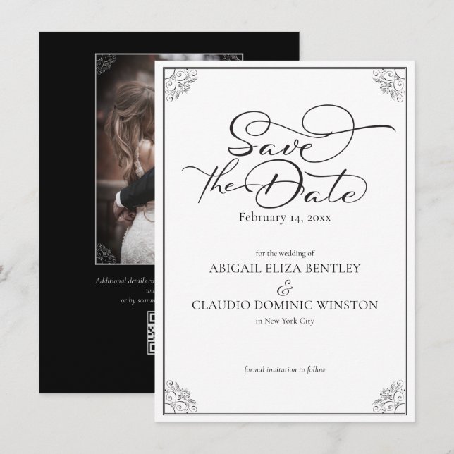Reserva La Fecha Elegant Classic Black & White Calligraphy Wedding (Anverso / Reverso)