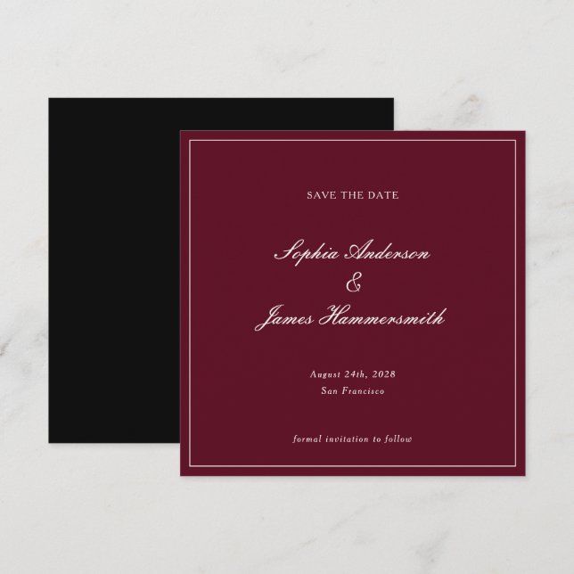 Reserva La Fecha Elegant Classy Formal Burgundy Red Script Wedding  (Anverso / Reverso)