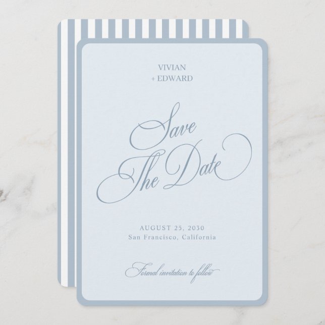 Reserva La Fecha Elegant Coastal Blue Stripes Border Retro Wedding (Anverso / Reverso)
