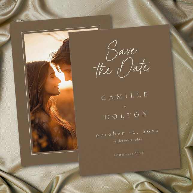 Reserva La Fecha Elegant Cocoa Brown Minimalist Wedding Photo (Elegant Cocoa Brown Minimalist Wedding Photo Save The Date)