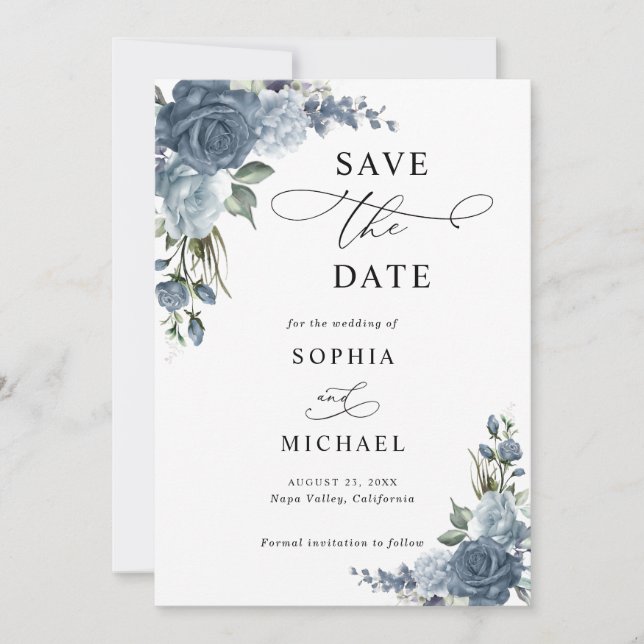 Reserva La Fecha Elegant Dusty Blue Floral Save The Date  (Anverso)