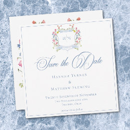Reserva La Fecha Elegant Dusty Blue Pastel Wildflower Crest Wedding