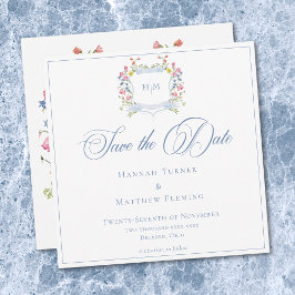 Reserva La Fecha Elegant Dusty Blue Pastel Wildflower Crest Wedding