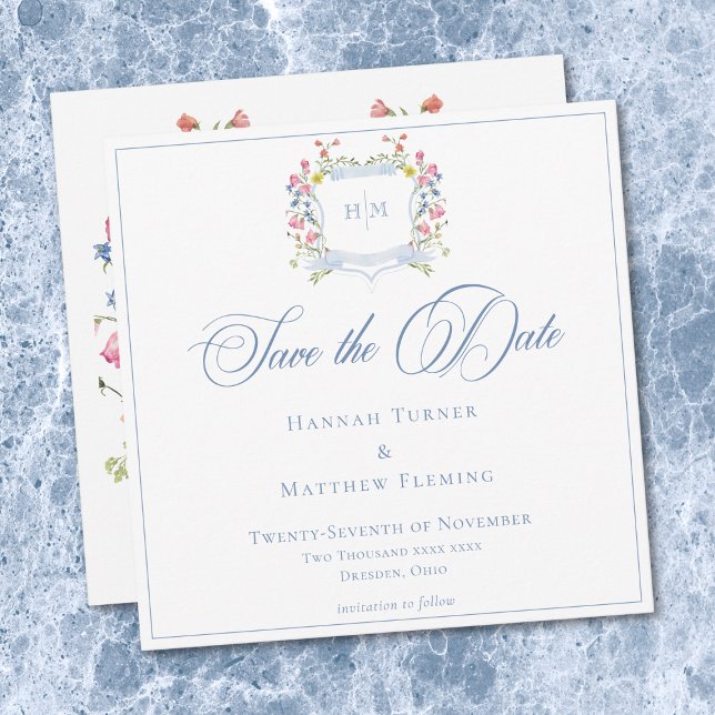 Reserva La Fecha Elegant Dusty Blue Pastel Wildflower Crest Wedding (Elegant Blue Pastel Wildflower Crest Wedding Save The Date)