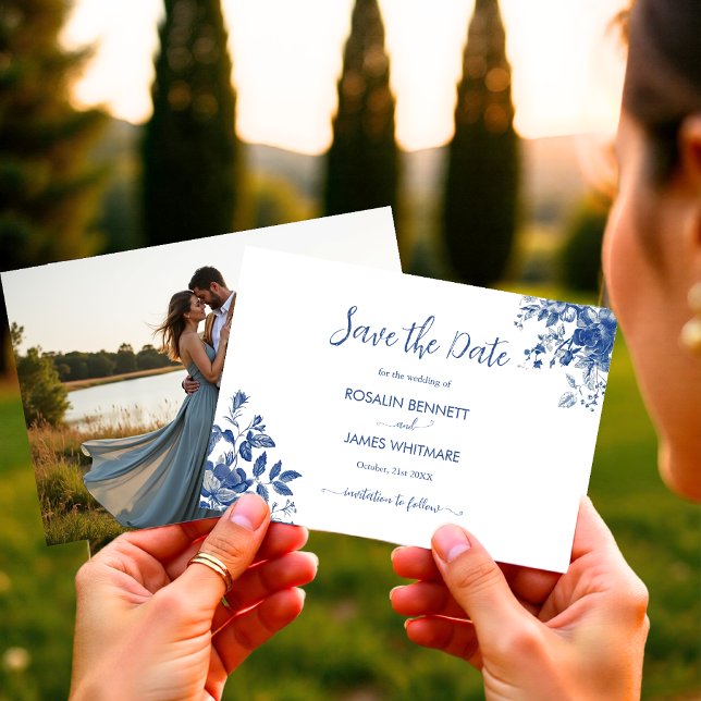Reserva La Fecha Elegant Dusty Blue Toile Floral (Elegant Dusty Blue Toile Floral Save The Date)