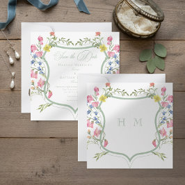 Reserva La Fecha Elegant Dusty Sage Pastel Wildflower Crest Wedding