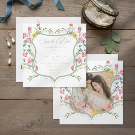Reserva La Fecha Elegant Dusty Sage Wildflower Crest Photo Wedding