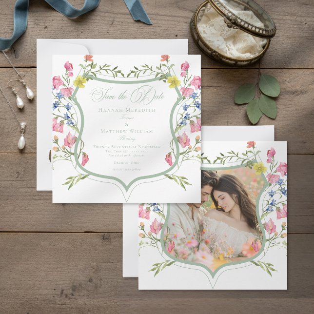 Reserva La Fecha Elegant Dusty Sage Wildflower Crest Photo Wedding (Subido por el creador)