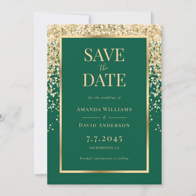 Reserva La Fecha Elegant Emerald Green Gold Confetti Wedding (Anverso)