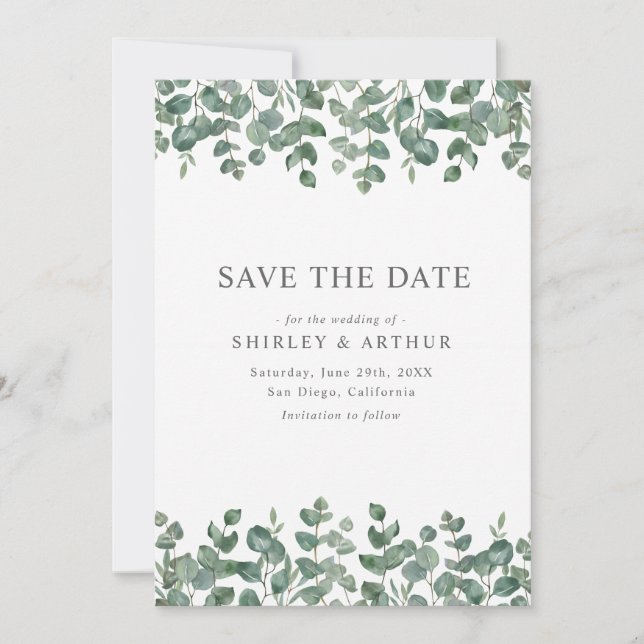 Reserva La Fecha Elegant  Eucalyptus Greenery Wedding (Anverso)