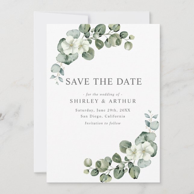 Reserva La Fecha Elegant  Eucalyptus Greenery Wedding (Anverso)