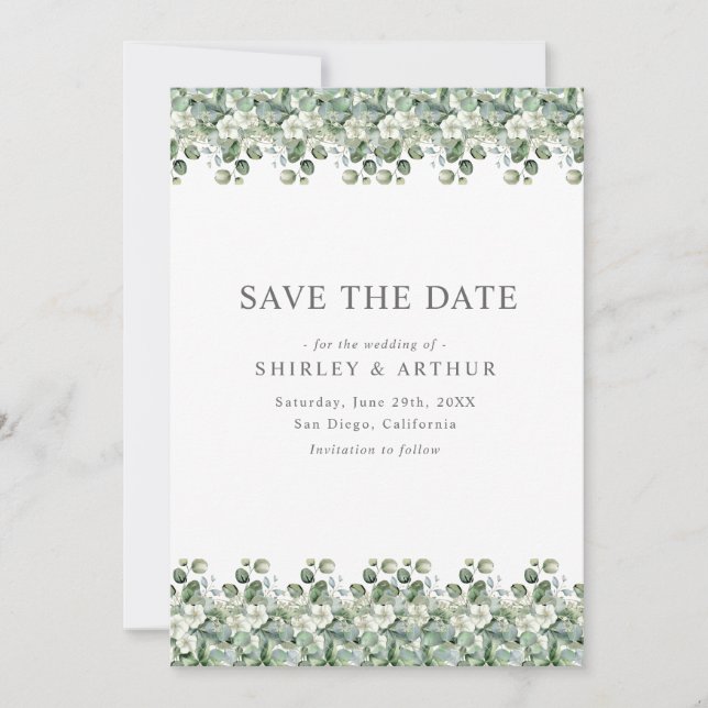 Reserva La Fecha Elegant Eucalyptus Greenery Wedding (Anverso)