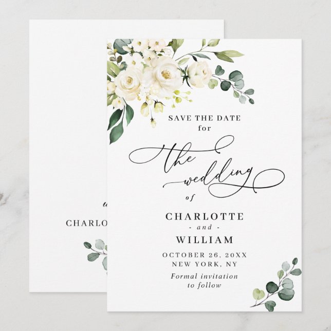 Reserva La Fecha Elegant Eucalyptus White Roses Floral Wedding (Anverso / Reverso)