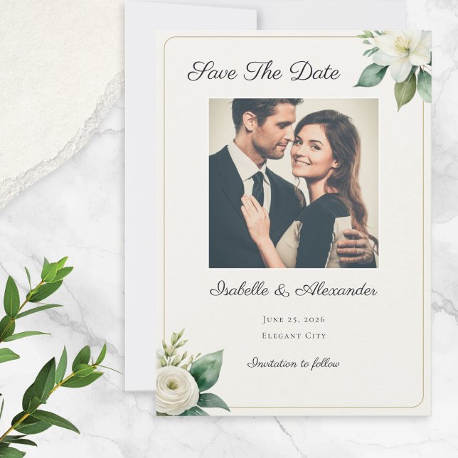 Reserva La Fecha Elegant Faux Gold Frame White Floral Custom Photo (A 'Save the Date' greetings card personalized with the couple's photo, names, wedding date and place)