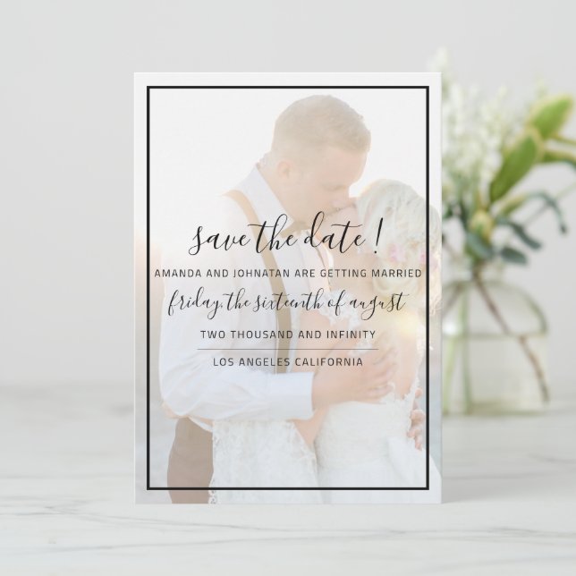 Reserva La Fecha Elegant Faux Vellum Overlay Photo Wedding Save The (Anverso de pie)