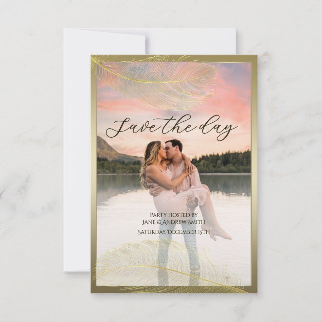Reserva La Fecha Elegant Feather Save The Date Photo Card (Anverso)