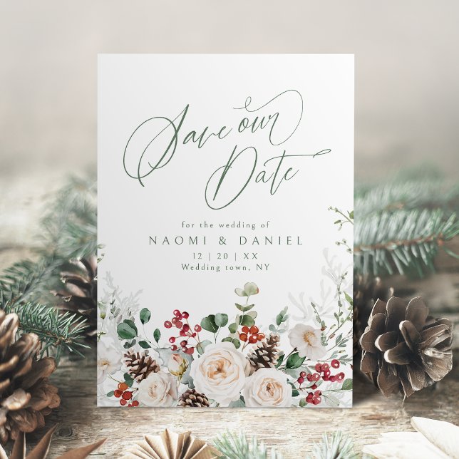 Reserva La Fecha Elegant Festive Floral Holiday Winter Wedding (Elegant Festive Floral Holiday Winter Wedding Save The Date)