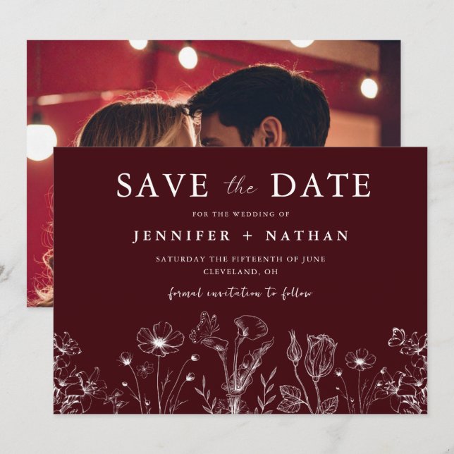 Reserva La Fecha Elegant Floral Burgundy Save the Date Card  (Anverso / Reverso)