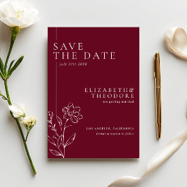 Reserva La Fecha Elegant Floral Line Art Burgundy Wedding