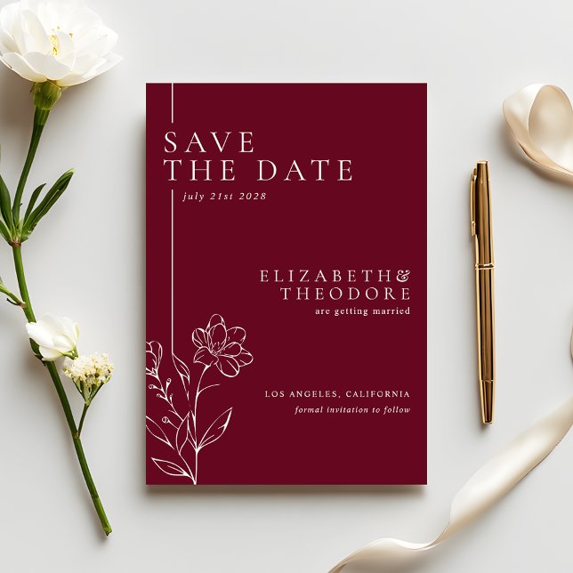 Reserva La Fecha Elegant Floral Line Art Burgundy Wedding (Subido por el creador)