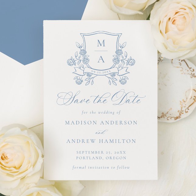 Reserva La Fecha Elegant French Blue Floral Crest Wedding (Subido por el creador)