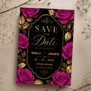 Reserva La Fecha Elegant Fuchsia Rose and Gold Luxury Black Floral