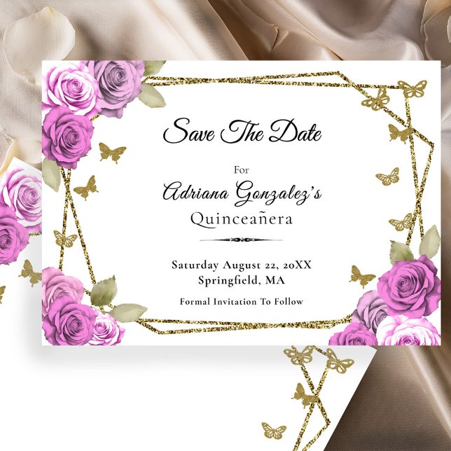 Reserva La Fecha Elegant Gold and Pink Roses Quinceanera (Subido por el creador)
