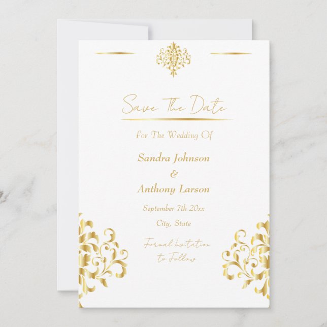 Reserva La Fecha Elegant Gold and White Damask (Anverso)
