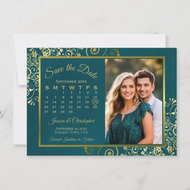 Reserva La Fecha Elegant Gold Curls Teal Calendar & Photo Wedding (Anverso)