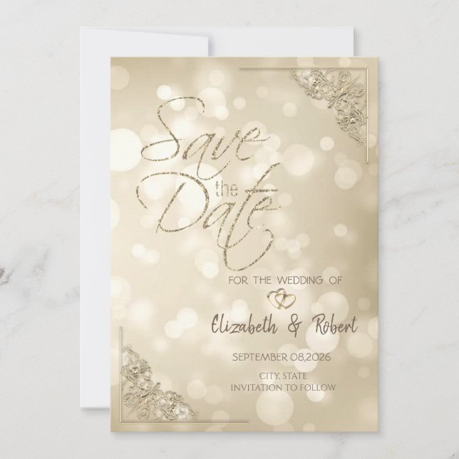 Reserva La Fecha Elegant Gold Hearts Frame Bokeh Save The Date (Anverso)