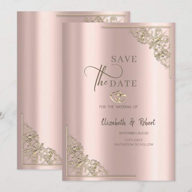 Reserva La Fecha Elegant Gold Hearts Rose Gold Wedding (Anverso / Reverso)