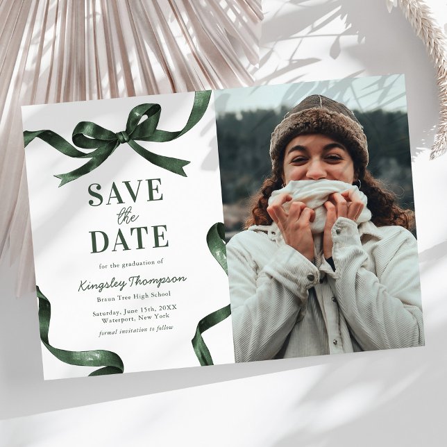 Reserva La Fecha Elegant Green Bow Graduation Save the Date (Subido por el creador)