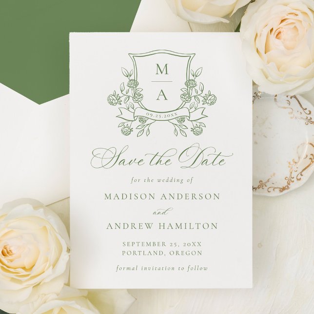 Reserva La Fecha Elegant Green Floral Crest Wedding (Subido por el creador)