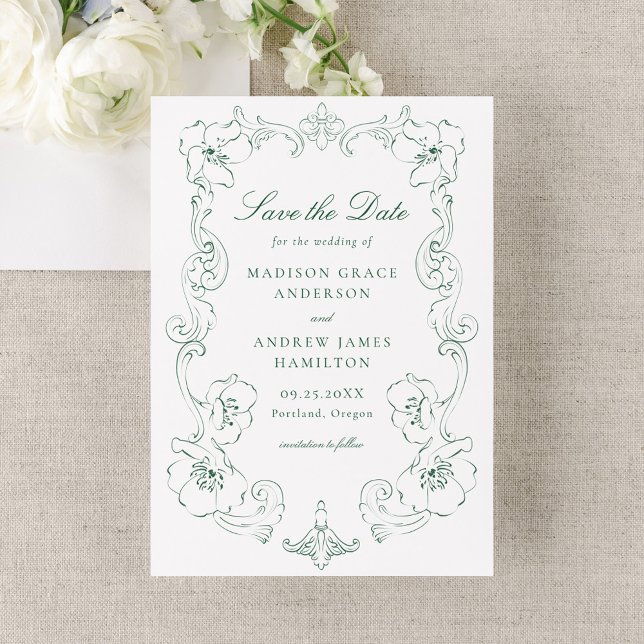 Reserva La Fecha Elegant Green Ornate Floral Frame Wedding (Subido por el creador)