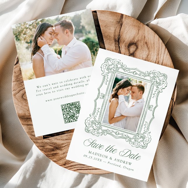 Reserva La Fecha Elegant Green Ornate Frame 2 Photo QR Code Wedding (Subido por el creador)