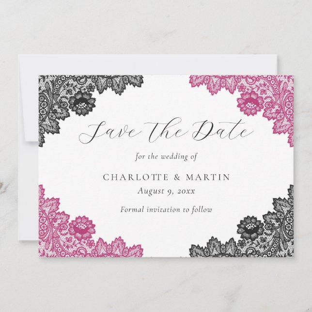 Reserva La Fecha Elegant Hot Pink and Black Floral Lace Wedding (Anverso)
