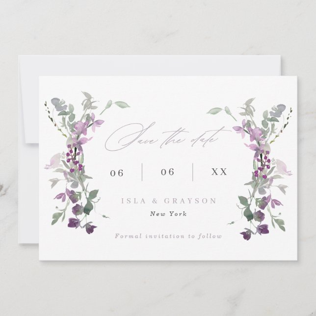 Reserva La Fecha Elegant Lilac Wildflowers Wedding (Anverso)