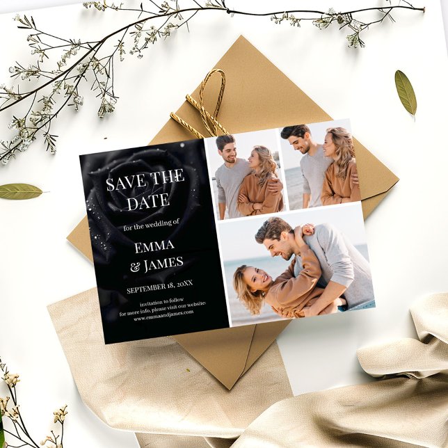 Reserva La Fecha Elegant Midnight Rose Black & White Wedding Photo (Subido por el creador)