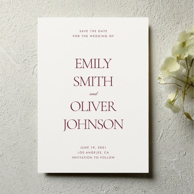 Reserva La Fecha Elegant Modern Clean Burgundy Red Wedding (Minimalist burgundy red wedding save the date card with modern serif typography)