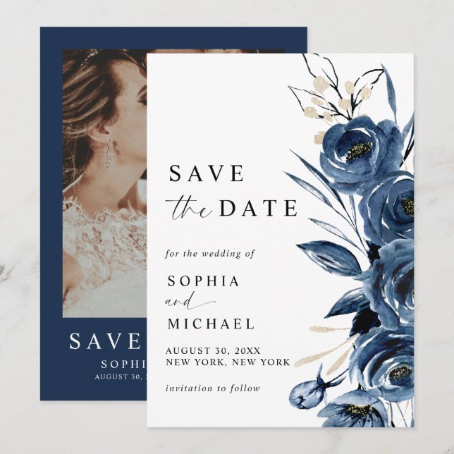Reserva La Fecha Elegant Modern Navy Blue Floral & Photo Wedding  (Anverso / Reverso)
