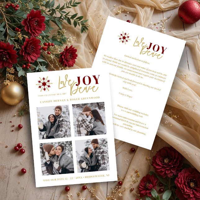 Reserva La Fecha Elegant Modern Wedding Christmas Four Photos (Elegant Modern Wedding Christmas 4 Photos in Dark Red & Fake Gold Holiday Cards as a Save the Dates.)
