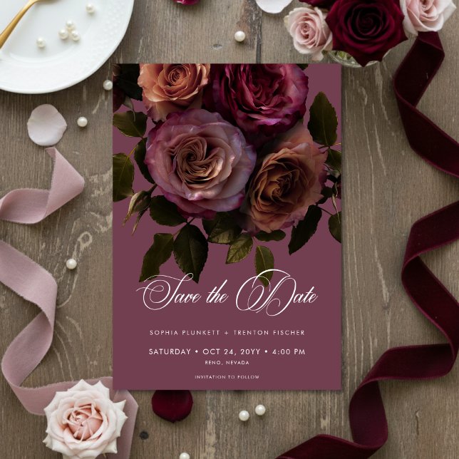 Reserva La Fecha Elegant Moody Soft Rust & Burgundy Floral Wedding (Subido por el creador)