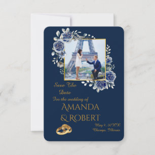 Reserva La Fecha Elegant Navy Blue and Gold Floral Photo