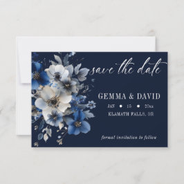 Reserva La Fecha Elegant Navy Blue and Silver Floral Wedding